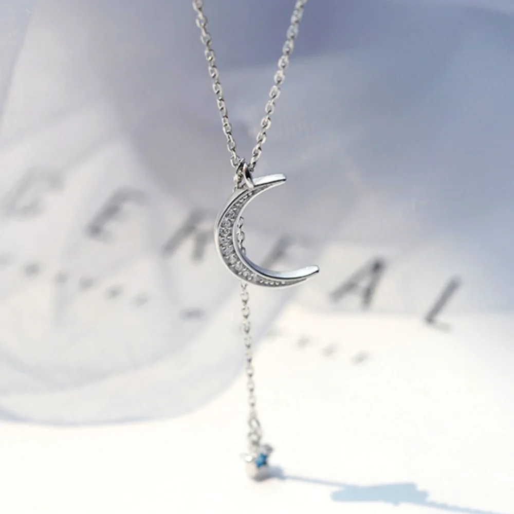 Pretty Silver Moon Blue Dangle Star Pendant Necklace - Picture 1 of 4